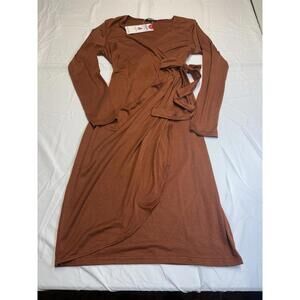 Berydress (Macy’s) Copper Color Faux Wrap Dress SzM Long Slve V Neck Knee Length